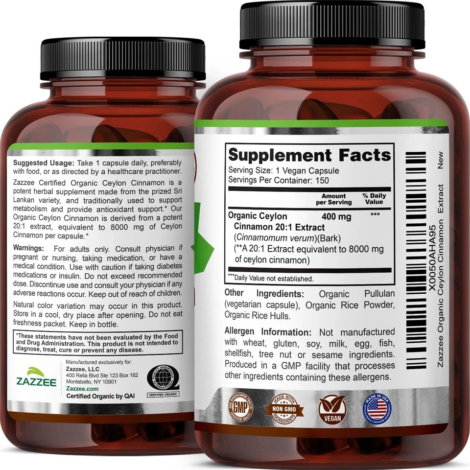 USDA Organic Ceylon Cinnamon 20:1 Extract, 150 Vegan Capsules, 5 Month Supply