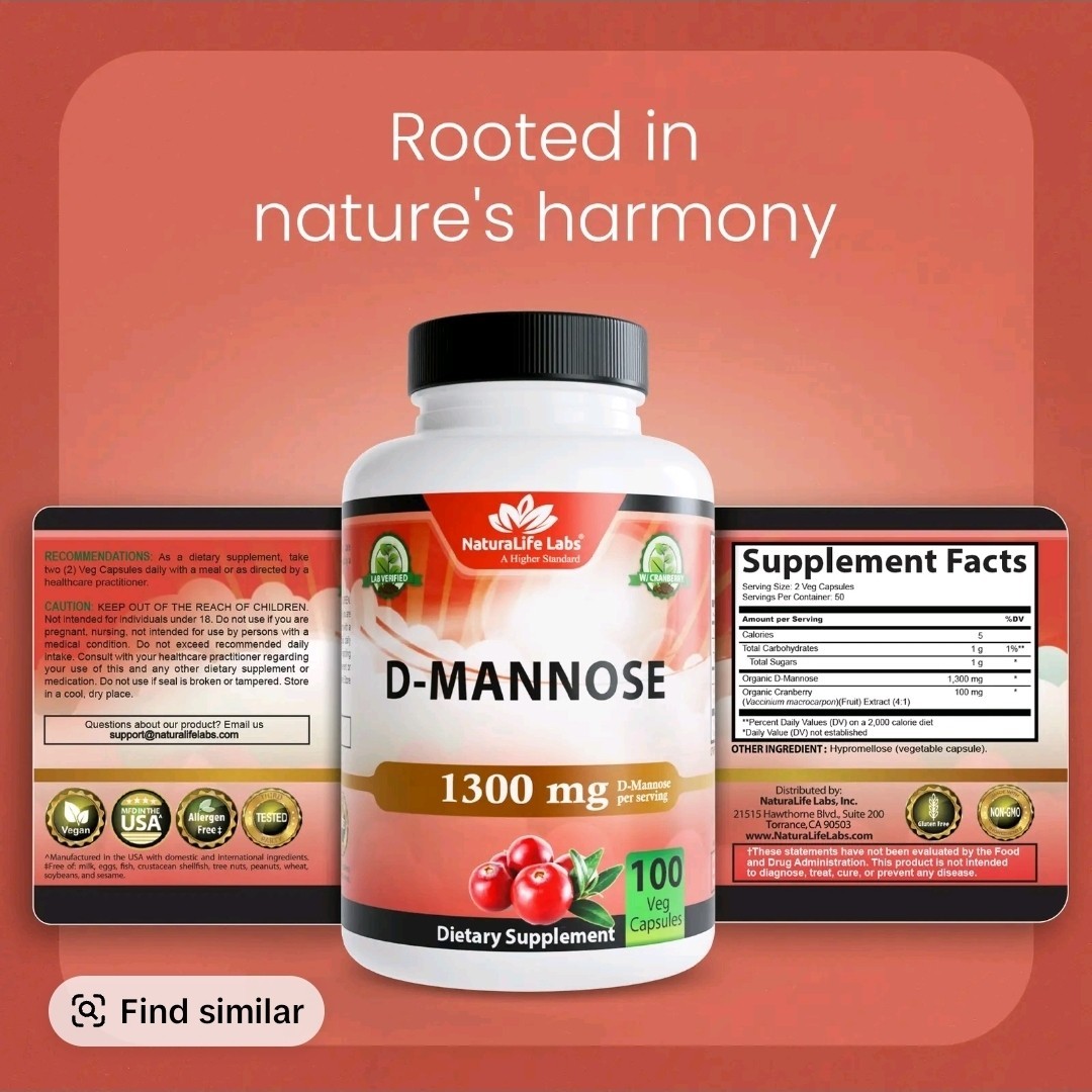 NaturaLife Labs D-Mannose 1300mg w/ Cranberry Extract 100 Veg Capsules Vegan