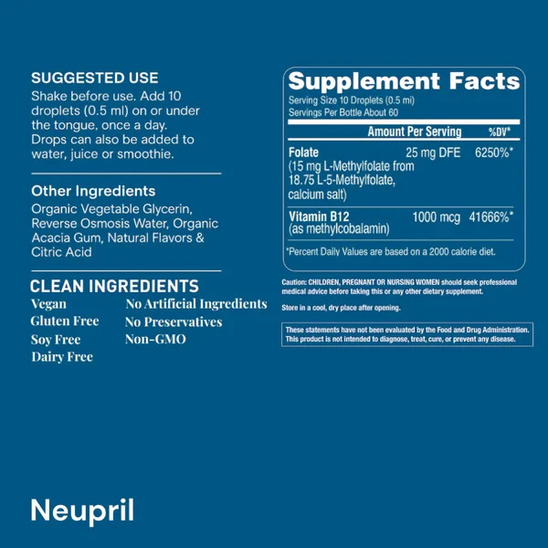 NEW SEALD Neupril L-Methylfolate d+ Methyl-B12 Drops 15mg Berry 1oz Exp 4/28