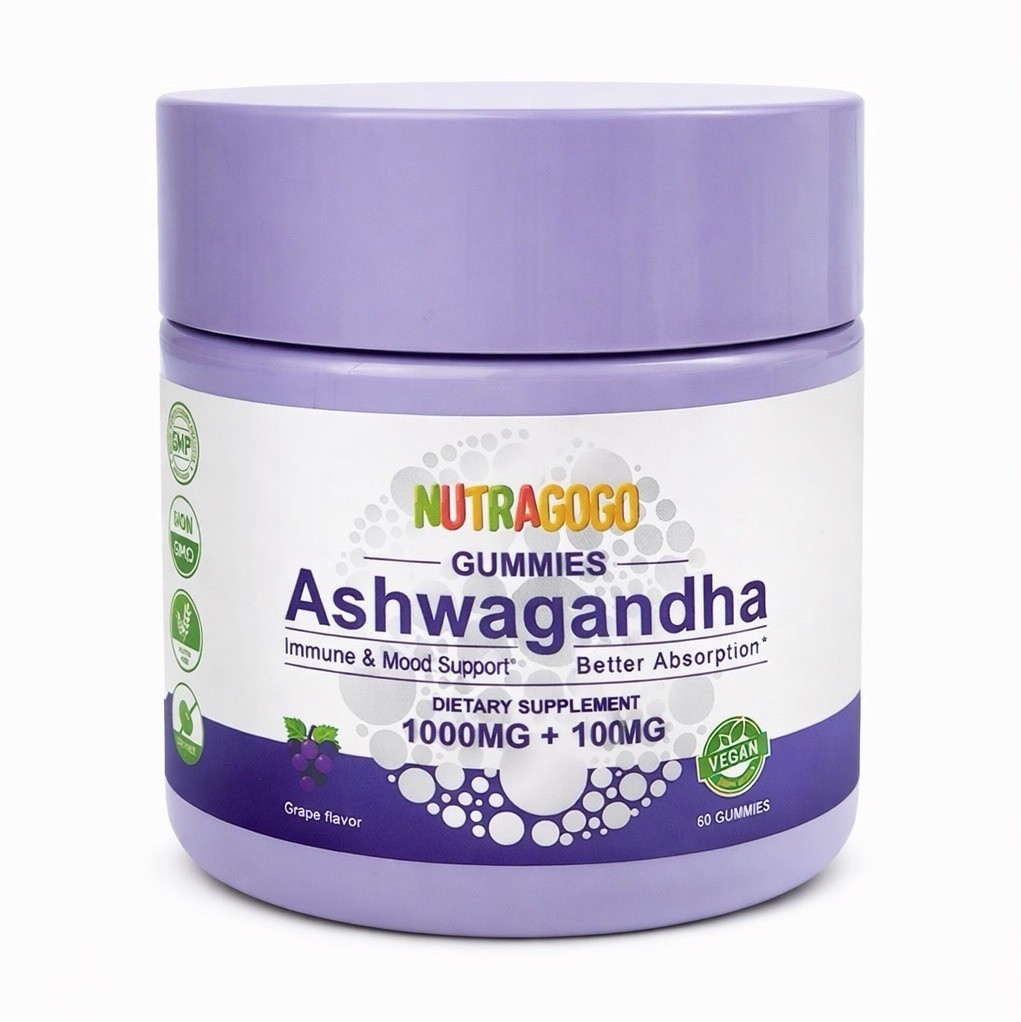 NUTRAGOCO Ashwagandha Gummies 1000mg+100mg Grape Vegan Non-GMO Gluten-Free 60ct