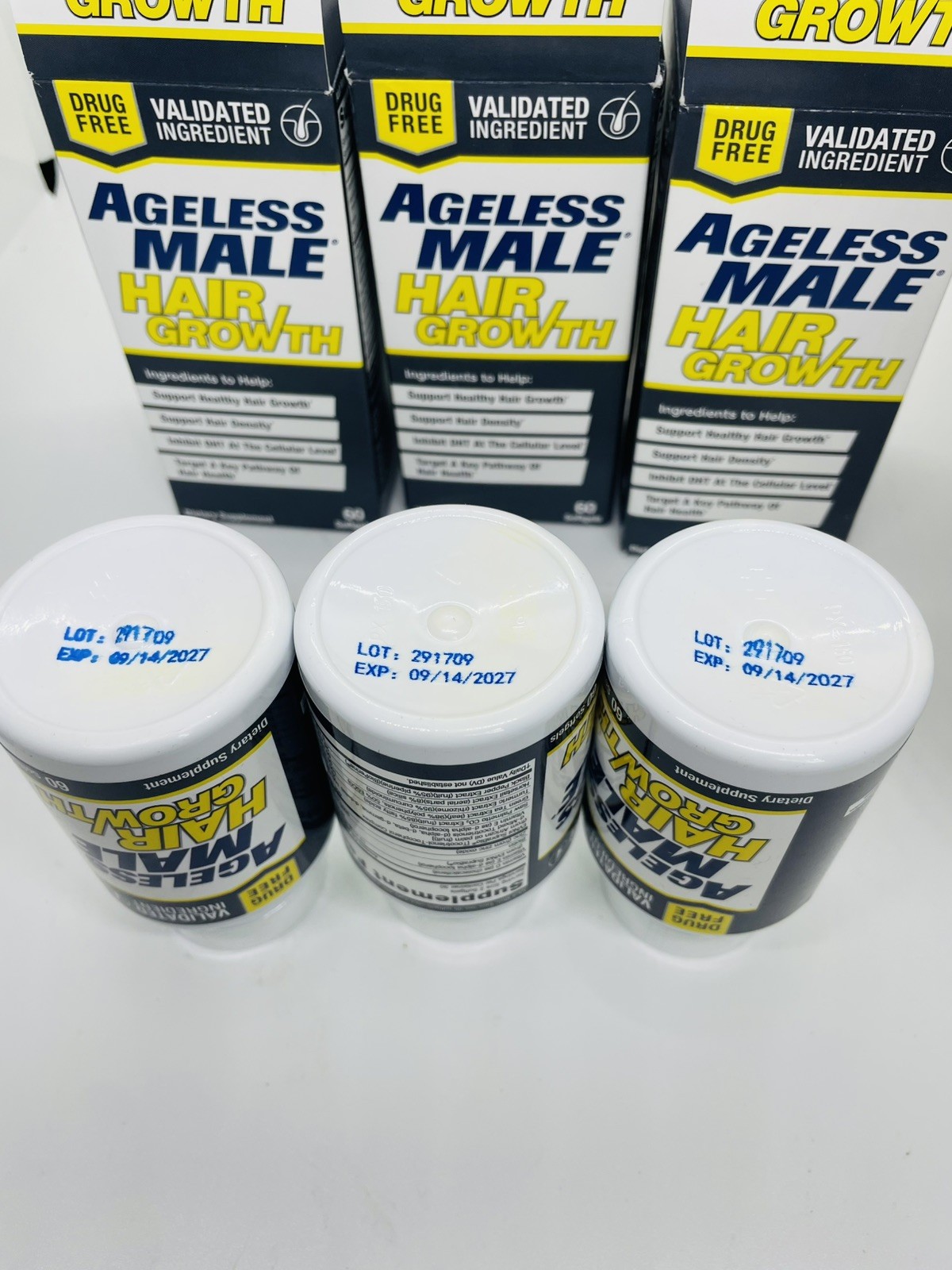 Ageless Male Hair Growth Supplement 60 Softgels Each 3 Pack 180 Drug Free 9/27