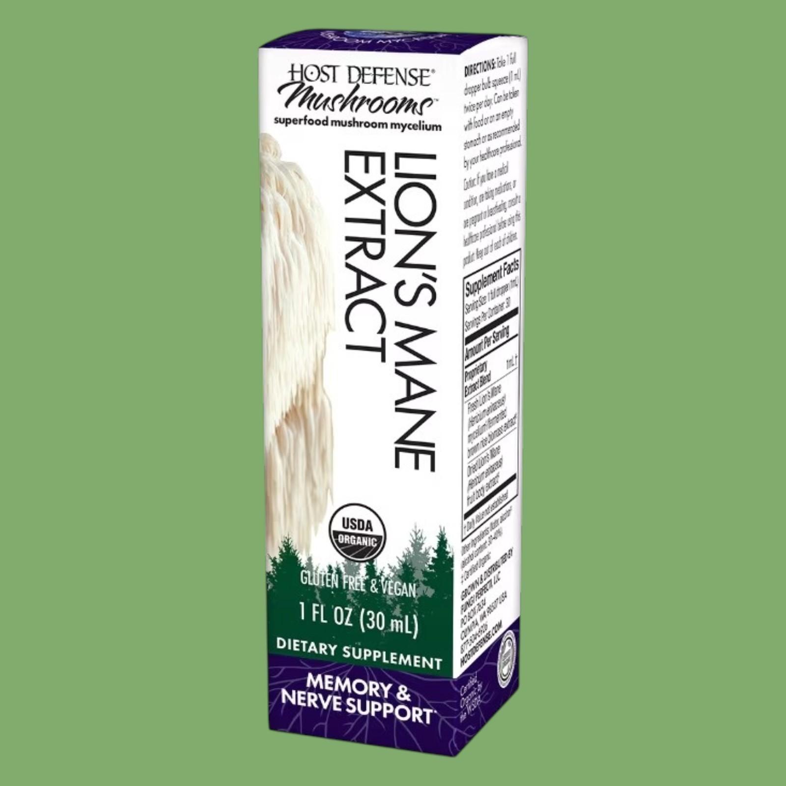 HOST DEFENSE Lion’s Mane Extract 1oz Organic Memory & Nerve Support Vegan. NEW!!