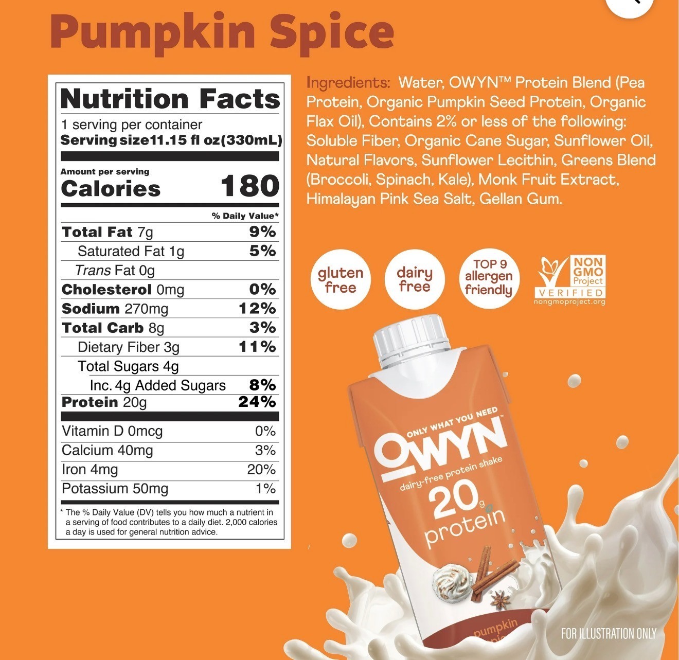 Owyn Plant-Based 20g Protein Shake, Pumpkin Spice, 11.15oz, 4 count