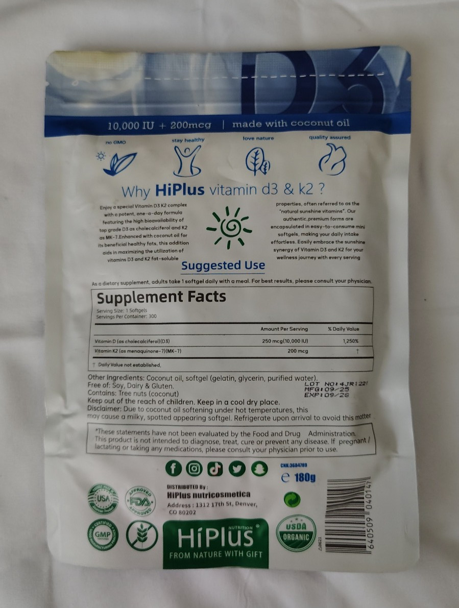 Hiplus Vitamin D3 10,000 IU + K2 200 mcg, 300 Softgels – EXP 09/28