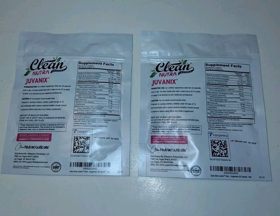 Clean Nutra Juvanix NMN Resveratrol Quercetin CoQ10 60ct Vegan Set Of Two