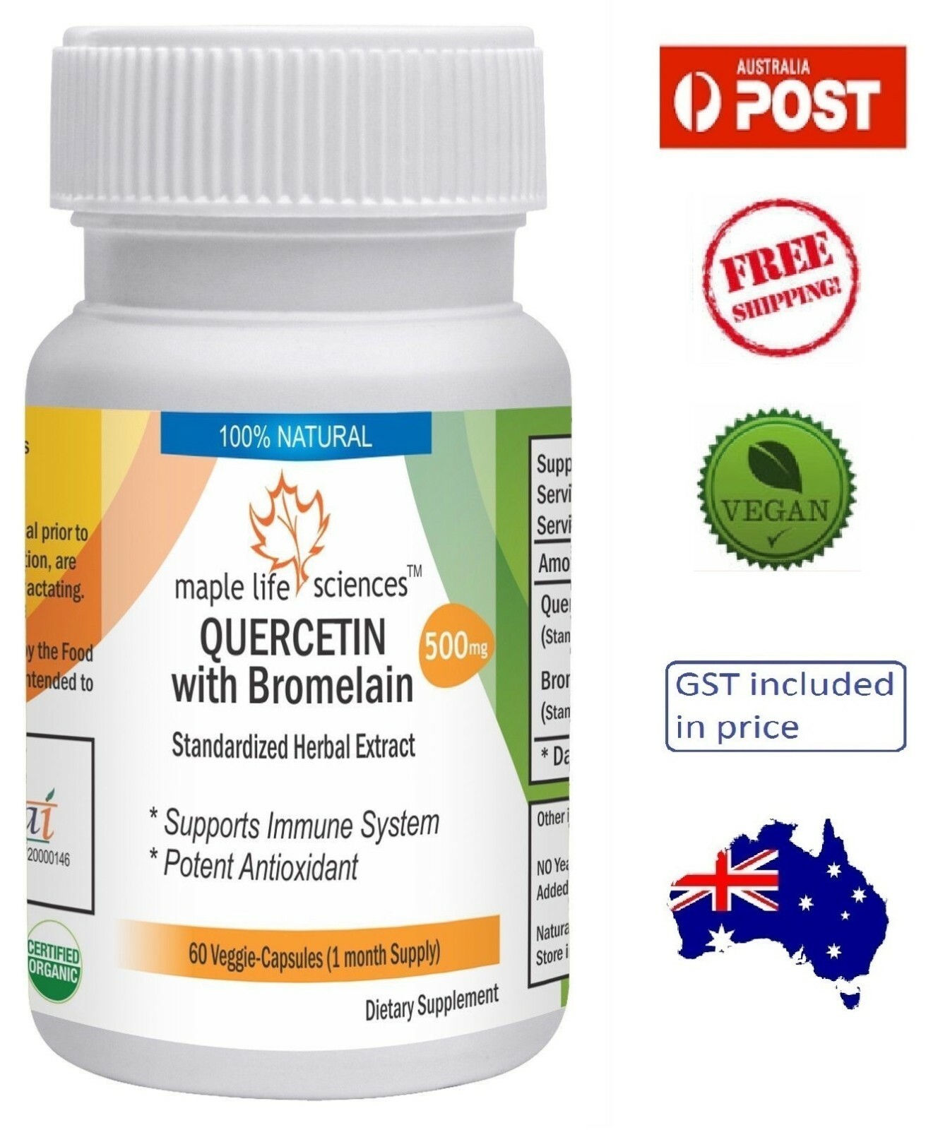 Quercetin 98% with Bromelain 3000 GDU – 500mg – AU Stock