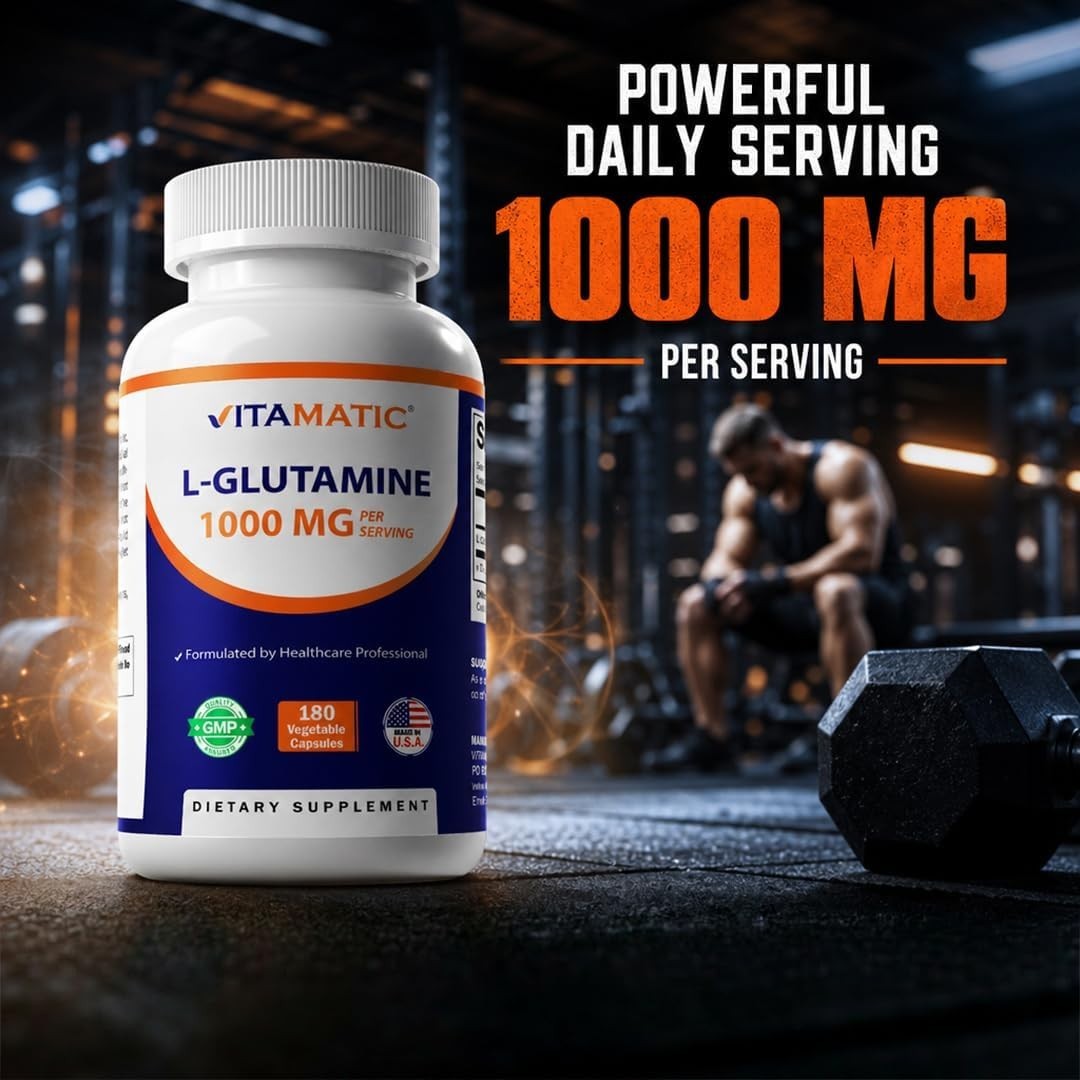 Vitamatic L-Glutamine 1000mg 180 Veg Capsules Non GMO Gluten Free USA GMP