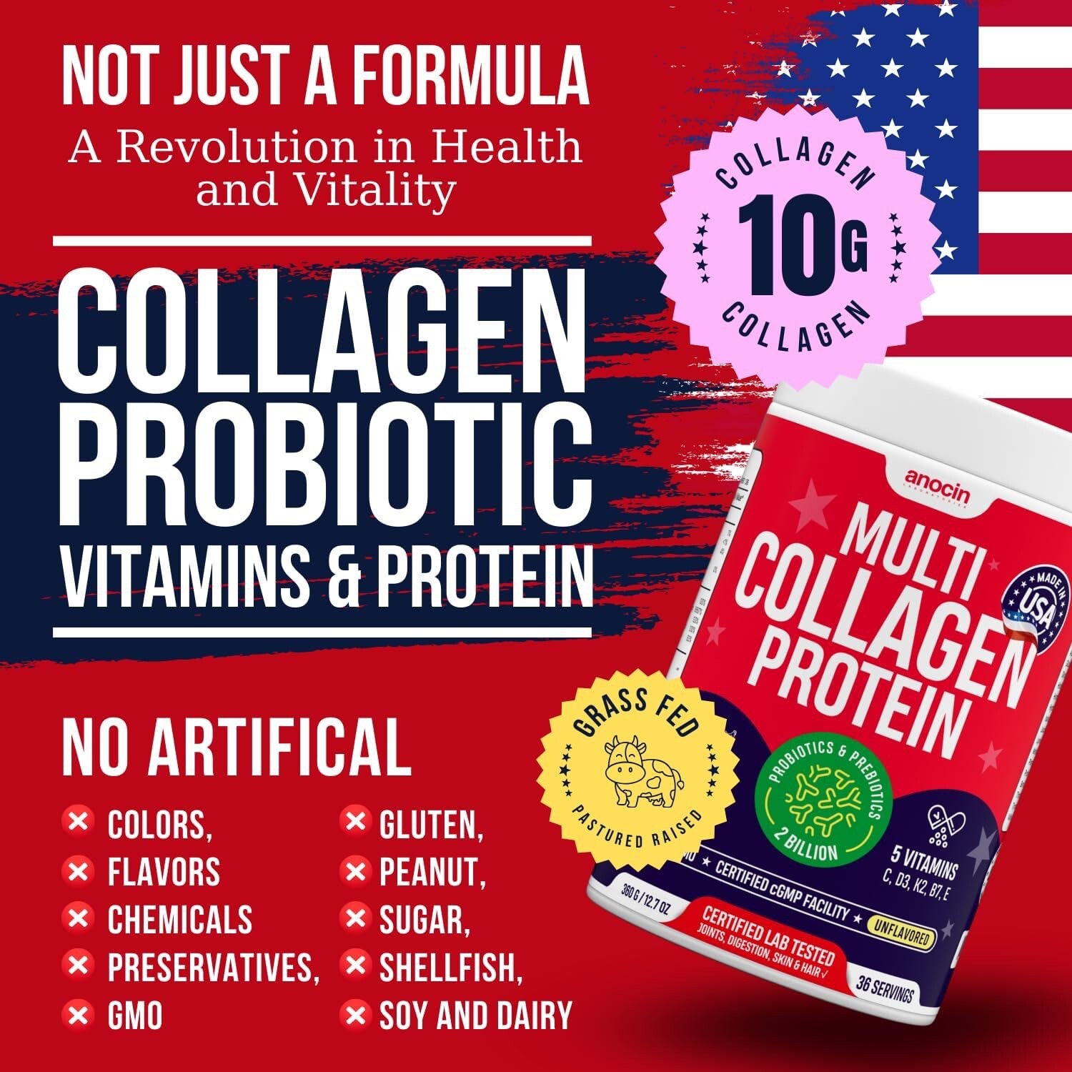 Multi Collagen Peptides with Probiotics + Type I, II, III, V, X + Hydrolyzed Col