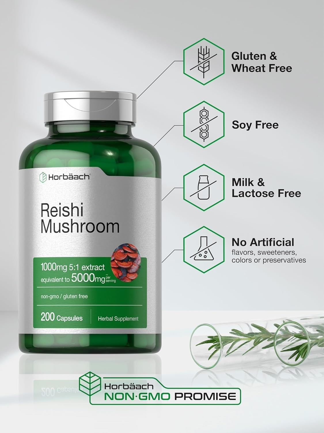 Horbäach Reishi Mushroom Capsules 5000mg 200 Count Caps ~ Exp 11/28
