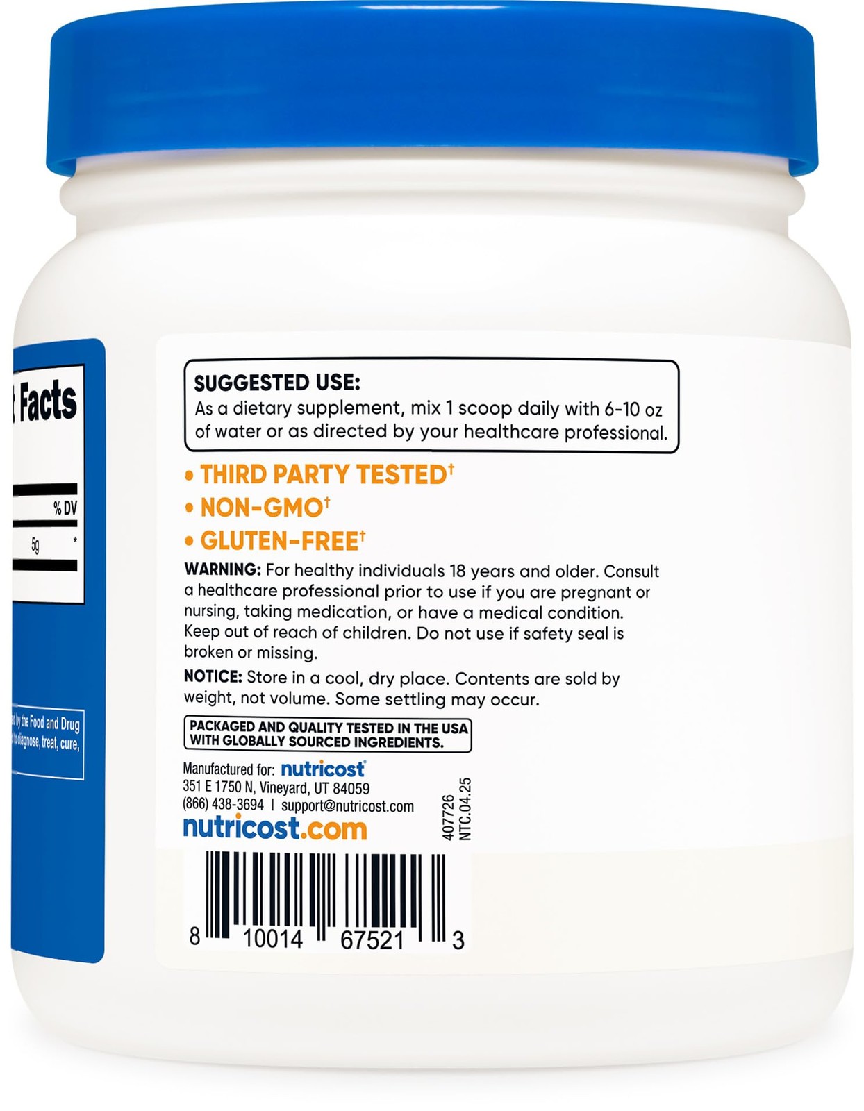 Nutricost L-Glutamine Powder (500 Grams) 1.1 Pound (Pack of 1), White