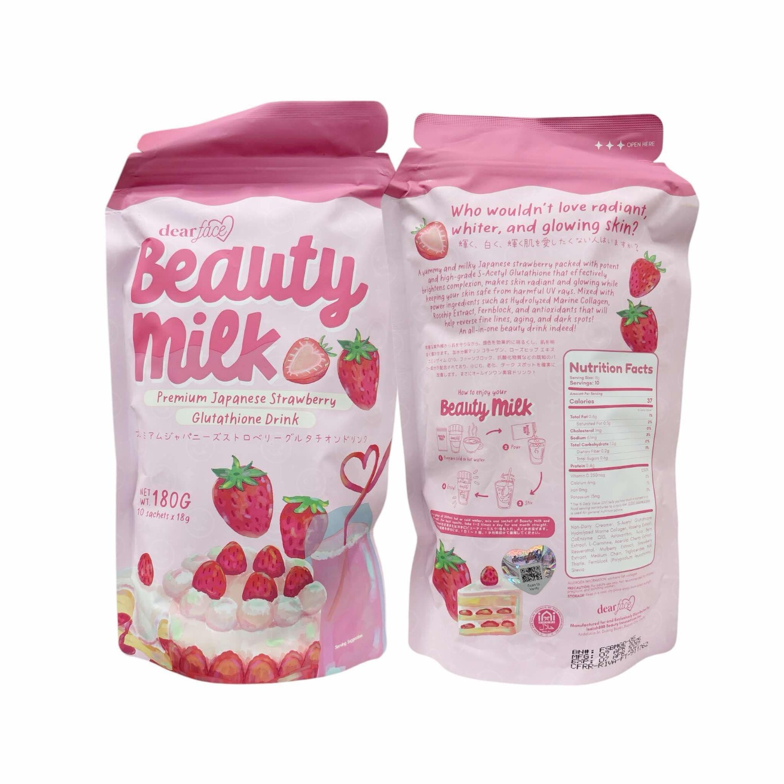 Dear Face Beauty Milk Japanese Collagen Ichigo Strawberry Drink, 10 Sachets