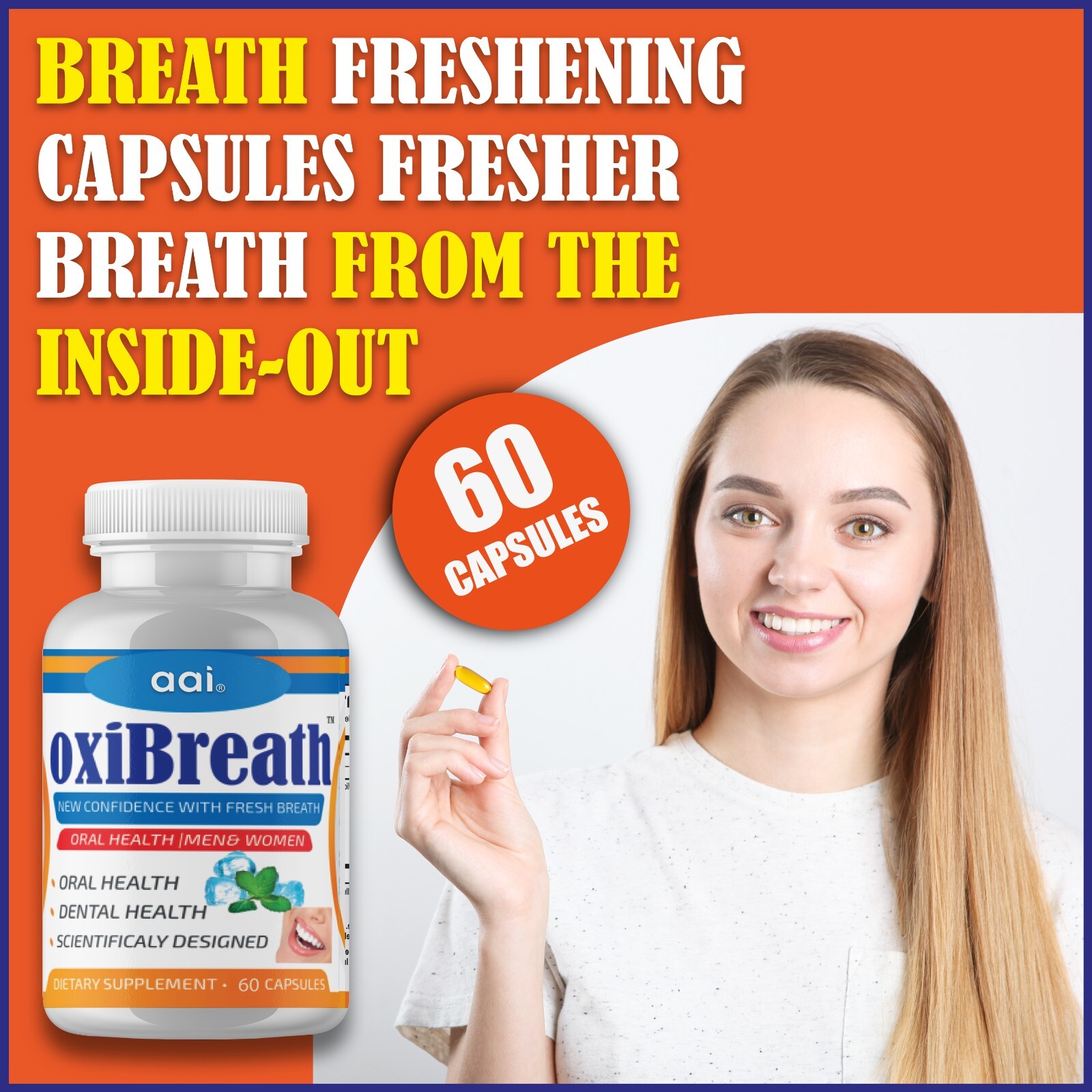oxiBreath Bad Breath Freshener, Dental Oral Care 60 Pills Gut Health, Halitosis