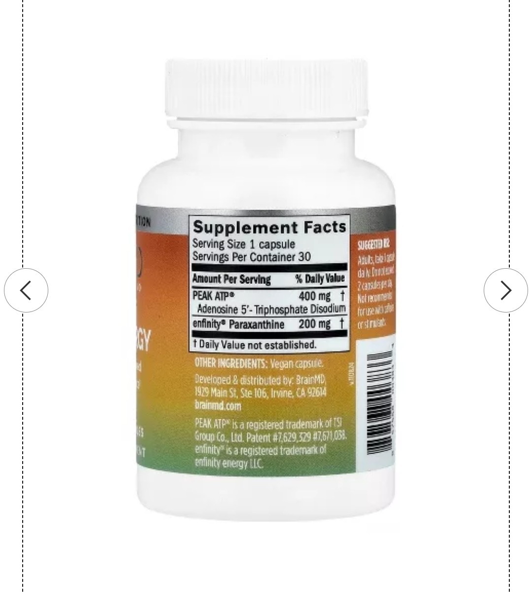 BrainMD Peak Energy Vegan Gluten-Free Sugar-Free Non-GMO 30 Capsules Exp 03/2028
