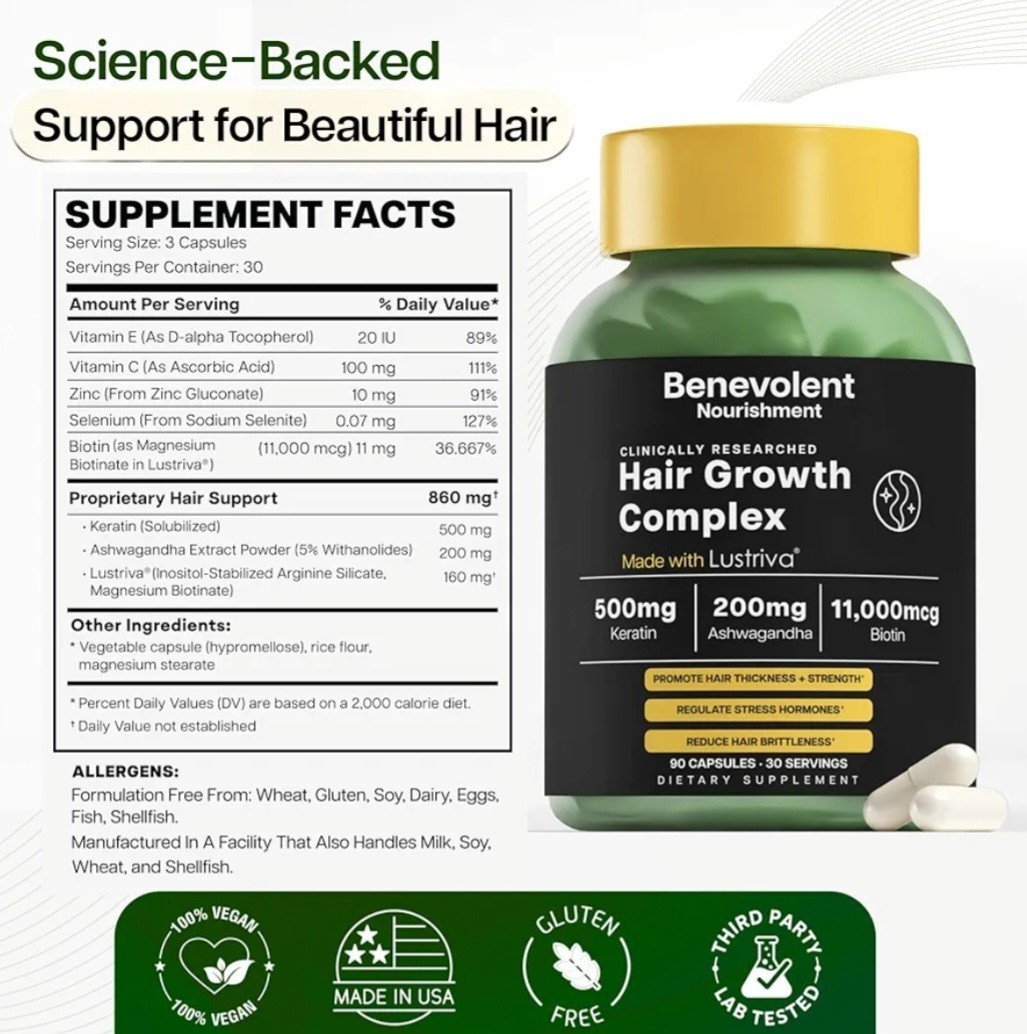 Benevolent Lustriva Hair Growth Supplement Hair Vitamins Keratin Biotin 90 Caps