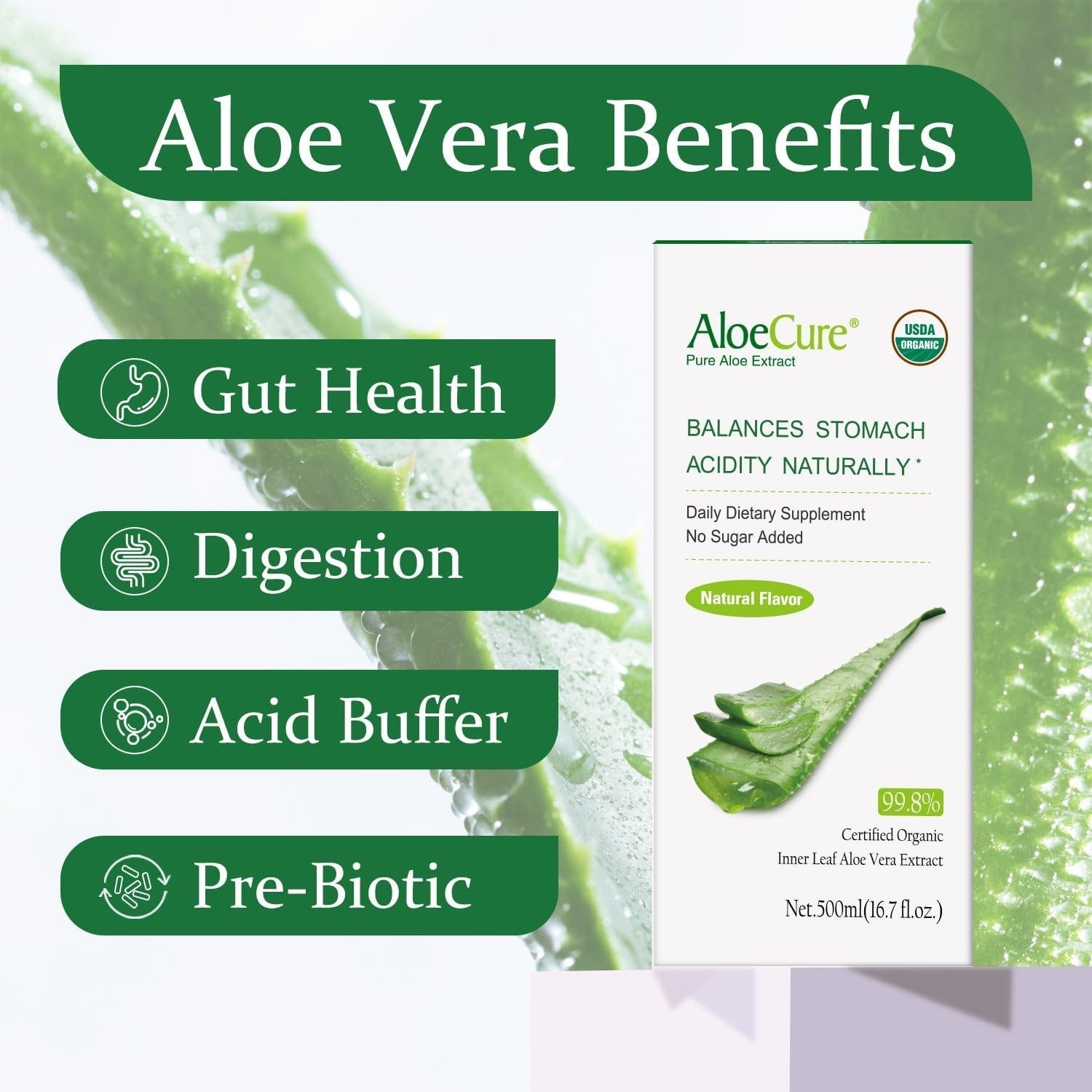 AloeCure Pure Aloe Vera Juice Supplement 99.8% Organic Inner Leaf Natural Flavor