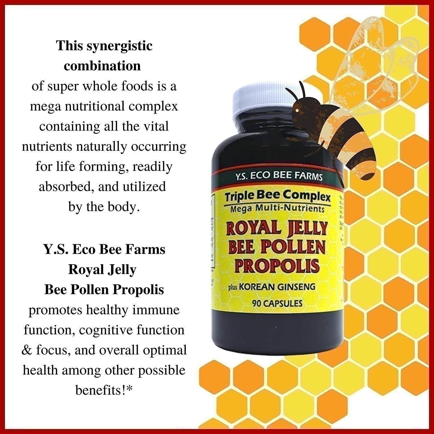 Y.S. Eco Bee Farms Royal Jelly Bee Pollen Propolis w/ Korean Ginseng – 90CT