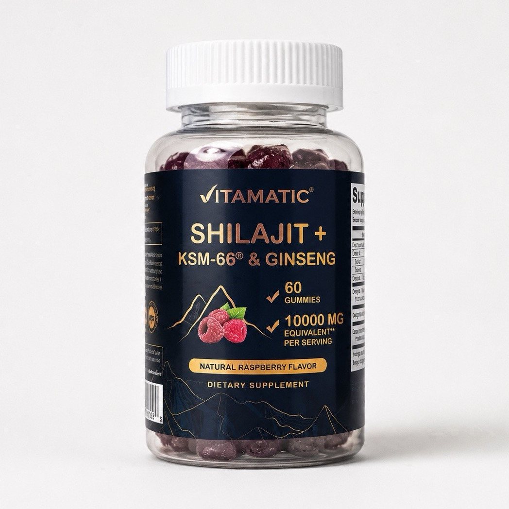 Vitamatic Shilajit + KSM-66 & Ginseng Gummies Natural Raspberry 60 Count