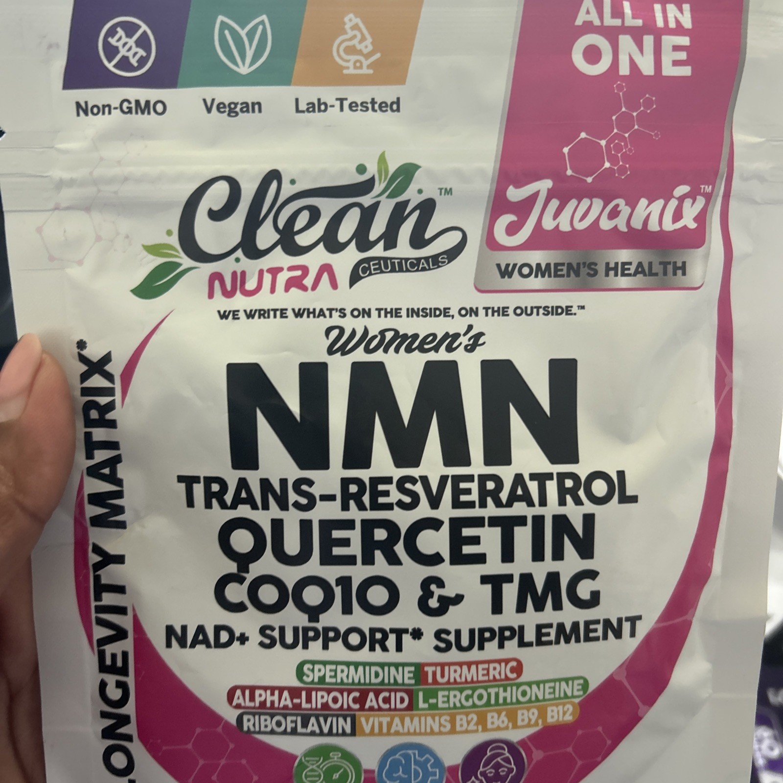 Clean Nutra Juvanix NMN Resveratrol Quercetin CoQ10 TMG 60ct Vegan Exp 03/2028