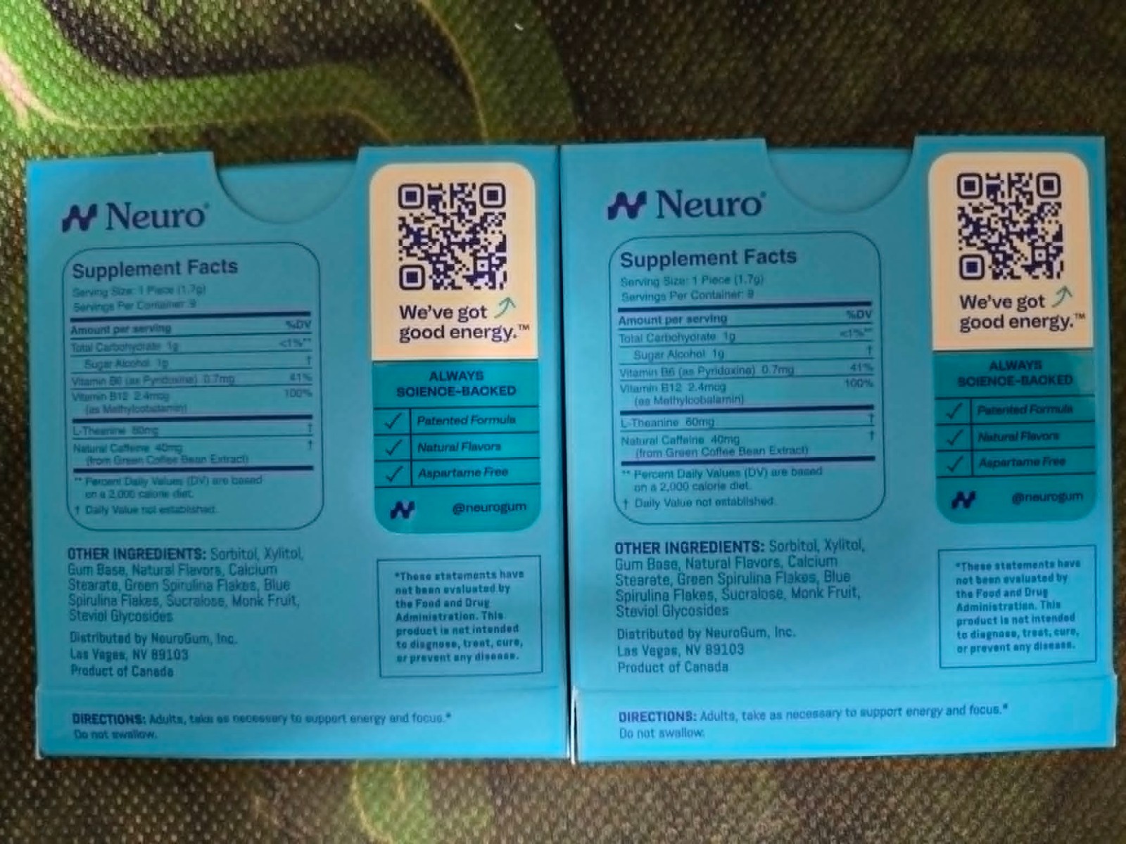 Neuro Gum L-theanine B-12 Nootropics Caffeine 2pk 18 pcs Boost Energy & Focus