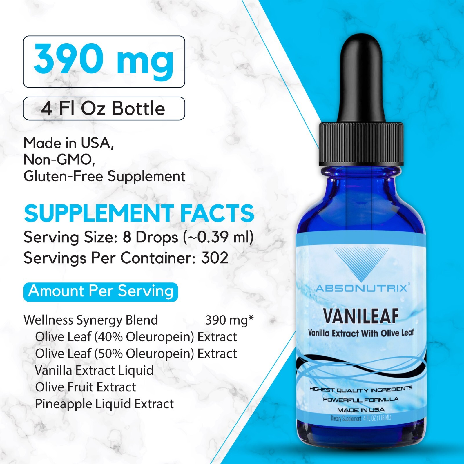 Absonutrix VaniLeaf, 390 mg, 4 FL OZ Liquid, 302 Servings, Made in USA