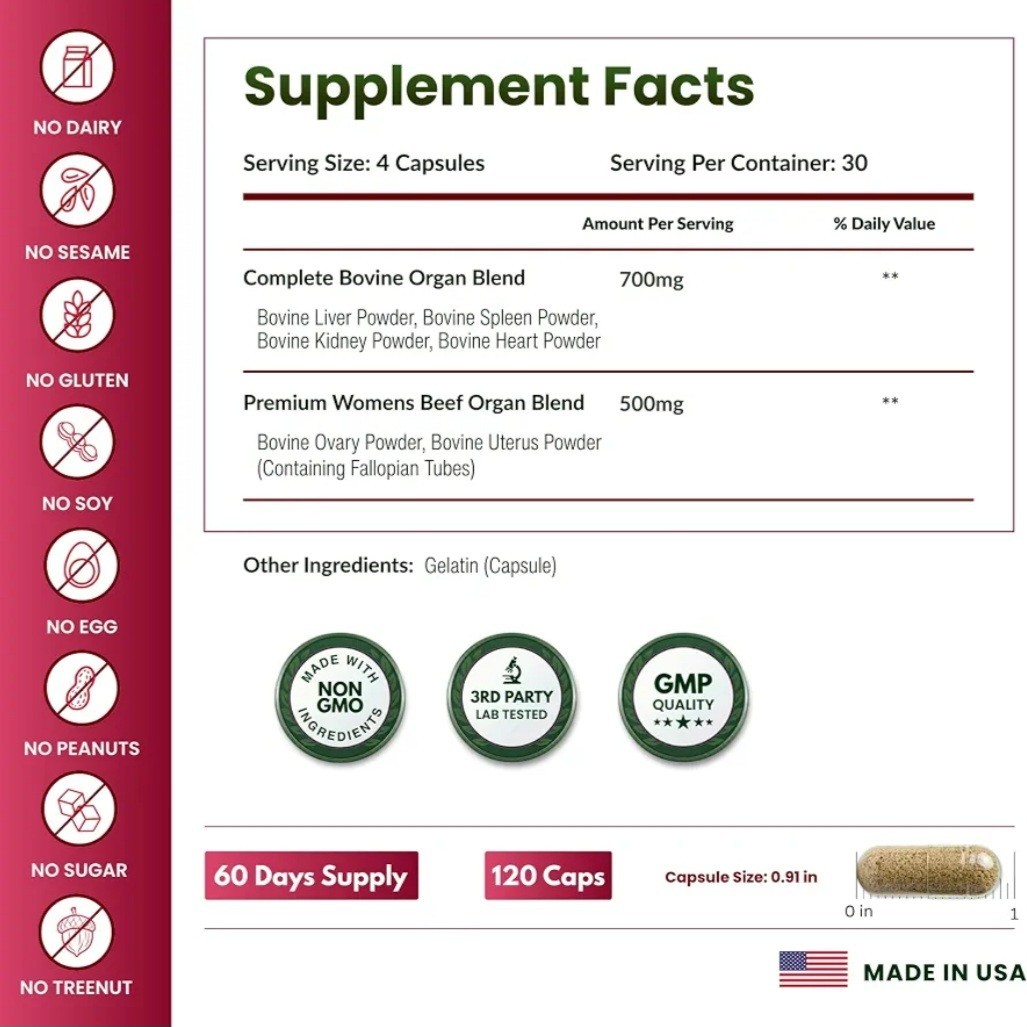 ForestLeaf Beef Organ Supplement for Women Grass Fed Complex 1200mg Women’s 120c