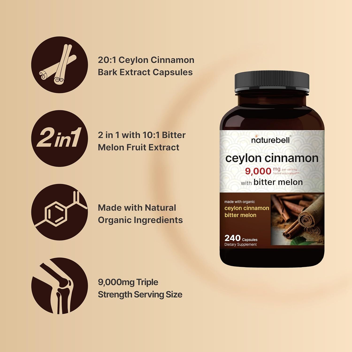 Ceylon Cinnamon 9,000Mg per Serving, 240 Capsules | Made with Organic Sri Lanka