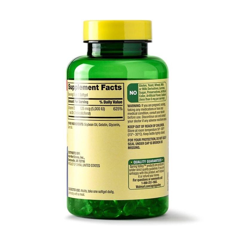 Spring Valley Vitamin D3 Softgels, 125 mcg per Softgel, 5,000 IU, 400 Count
