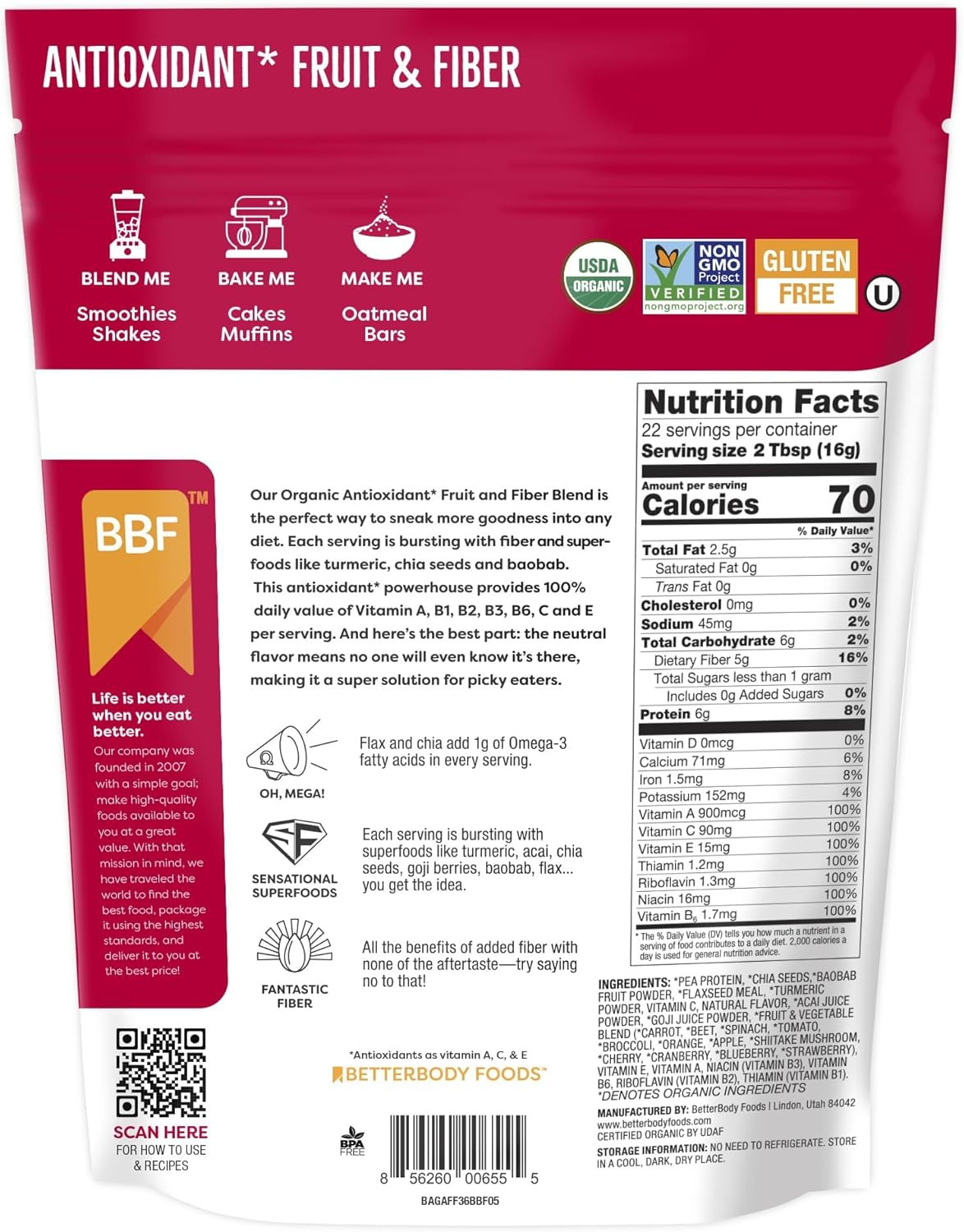 Betterbody Foods Organic Antioxidant Fruit and Fiber Superfood Blend, 12.7 Ounce