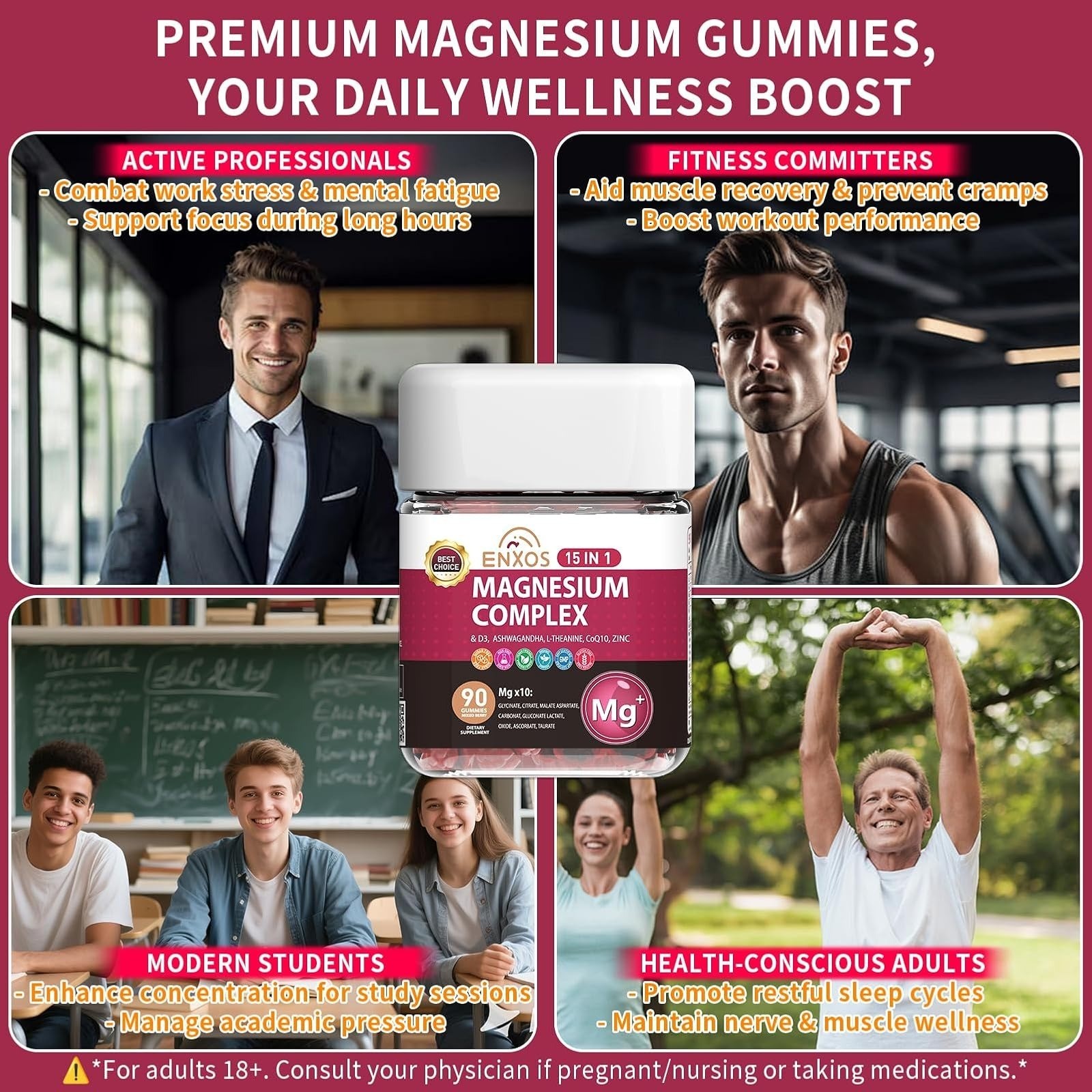 ENXOS 15-in-1 Magnesium Complex Gummies 350mg for Sleep & Stress Relief