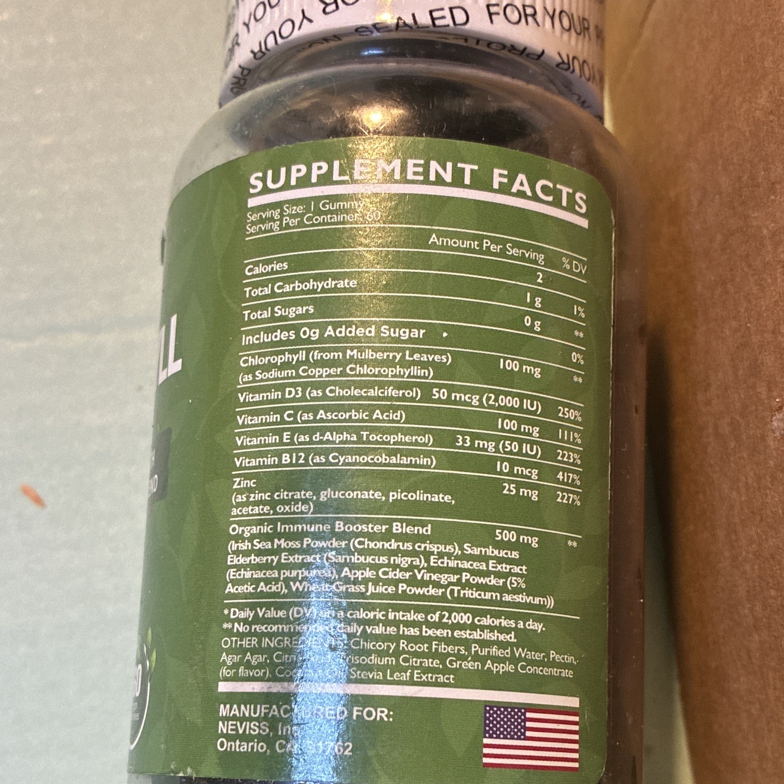 NEVISS Chlorophyll Gummies 100mg 60 Count Vegan Non-GMO Sugar-Free Gluten-Free