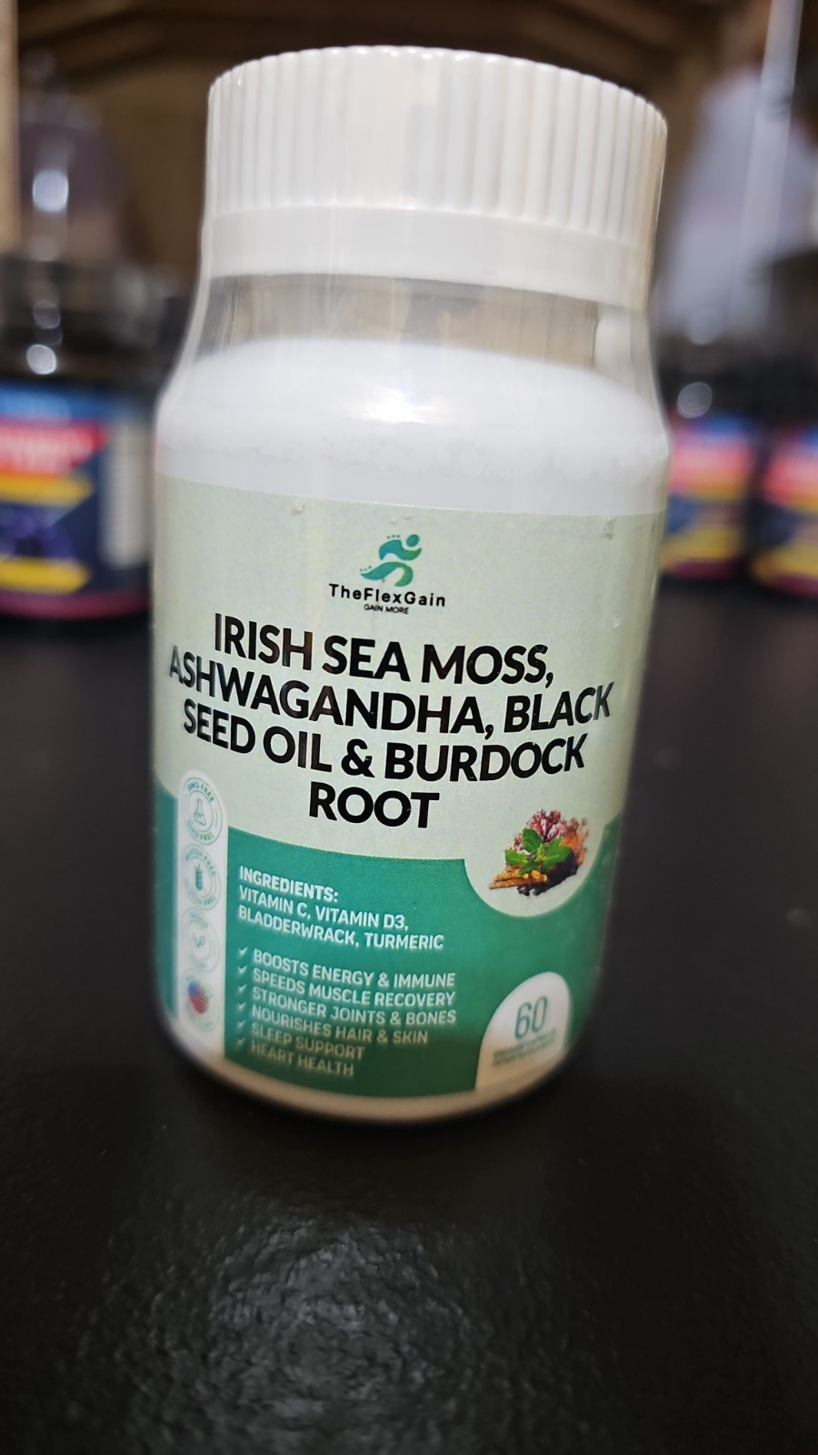 TheFlexGain Irish Sea Moss Ashwagandha Black Seed Oil Burdock Root 60 Caps 3pk