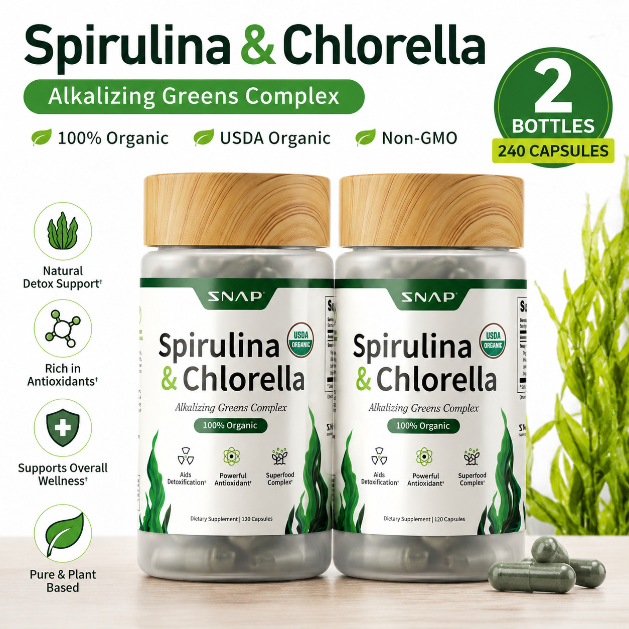 Organic Spirulina Chlorella Capsules Green Superfood Blend 120ct 2 Bottles