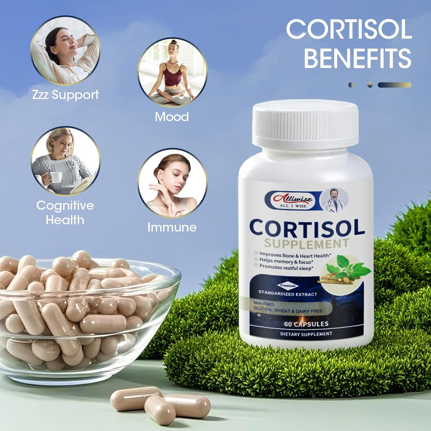 Super Cortisol Supplement Ashwagandha Relieve Stress w/Rhodiola, L-Theanine USA