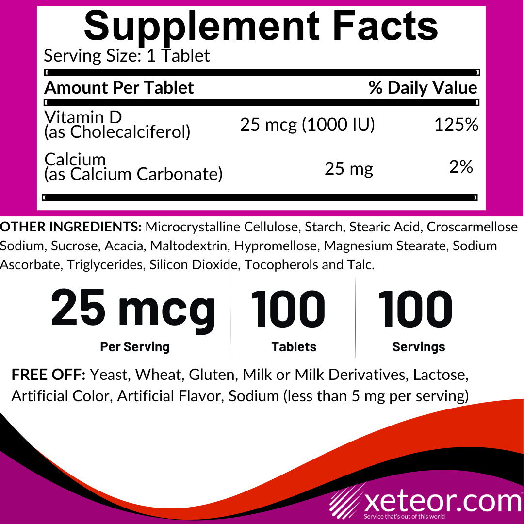 Rugby Vitamin D3 25 mcg (1000 IU) – 100 Tablets | Gluten Free (4-2026) – 2 Pack