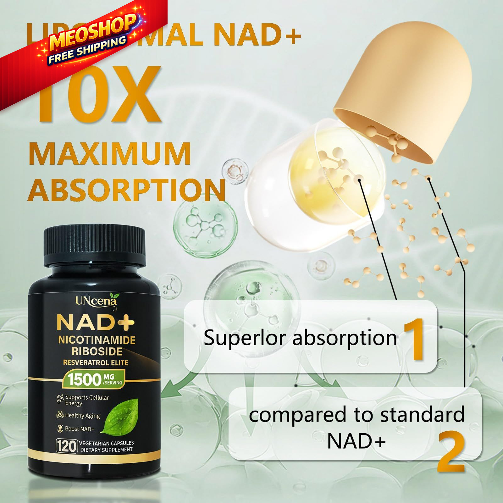 UNcena NAD Supplement 1500mg – Liposomal NAD+ 120 Count (Pack of 1)
