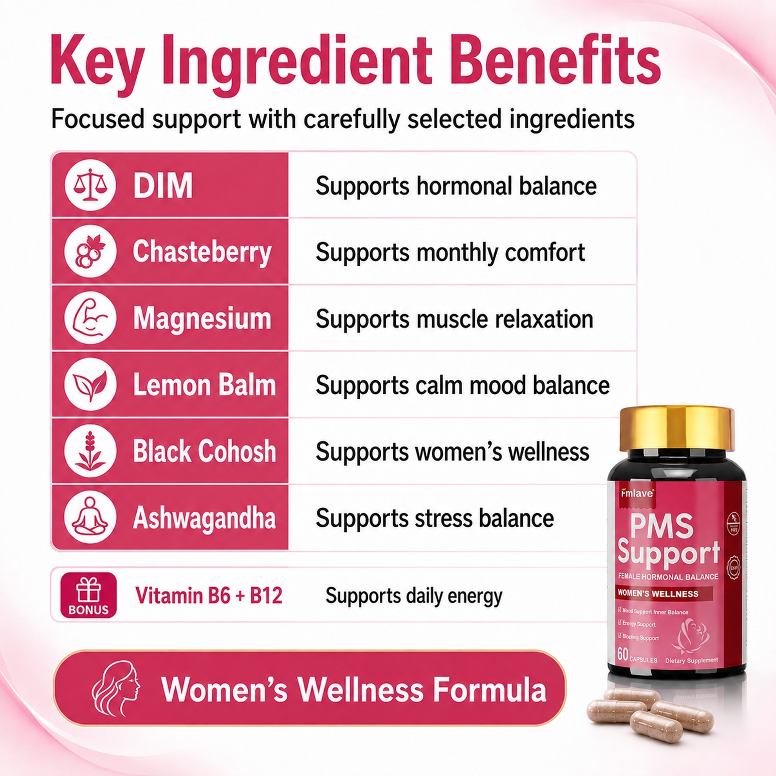 PMS Support Supplement for Women with PMS Relief Hormone Balance Period 60 caps