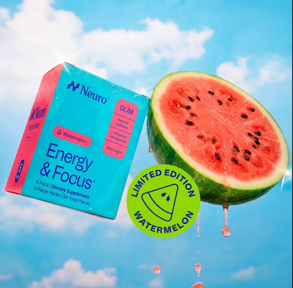 NEW FLAVOR Watermelon Neuro Gum L-theanine B-12 Caffeine Boost Energy & Focus