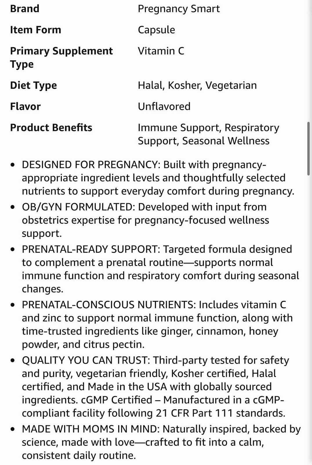 Pregnancy Smart Immune + Respiratory Support Caps 60ct Vegetarian Kosher Halal