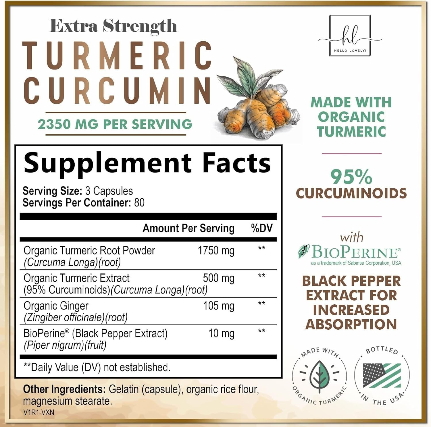 Hello Lovely! Organic Turmeric Curcumin Supplement w/ Ginger, 240 Capsules