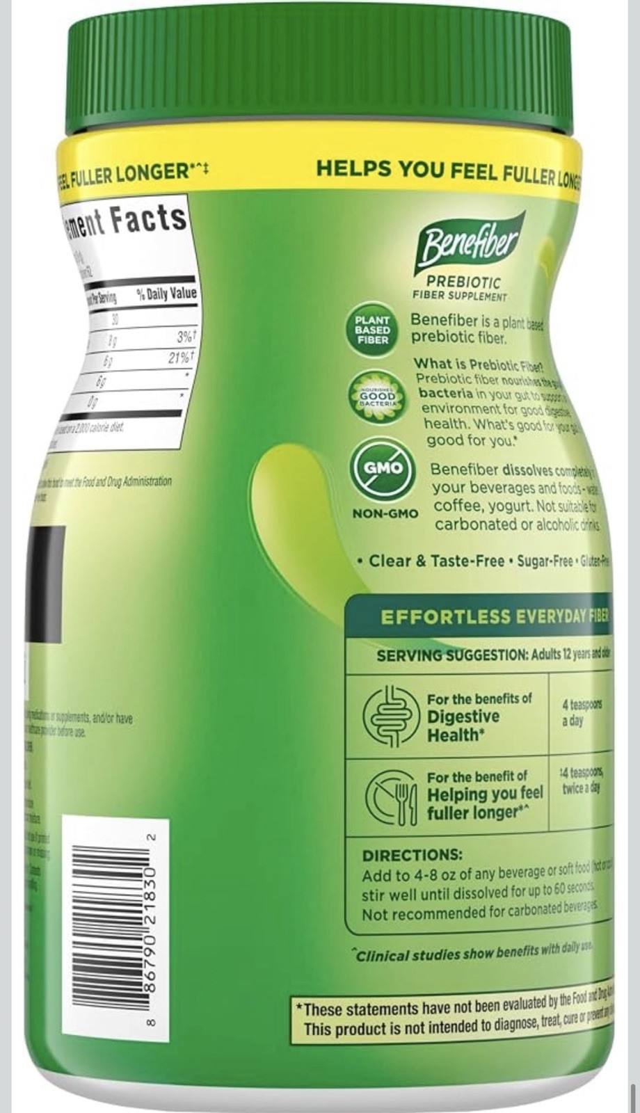 Benefiber Prebiotic Fiber Powder Plant Based Sugar-Free Taste-Free 17.6oz