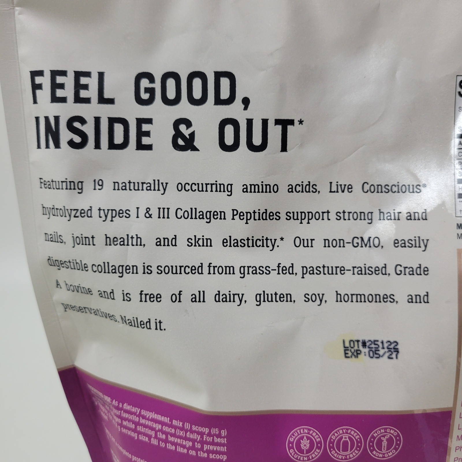 Live Conscious Collagen Peptides Powder 16oz Unflavored Grass-Fed Bovine 05/27