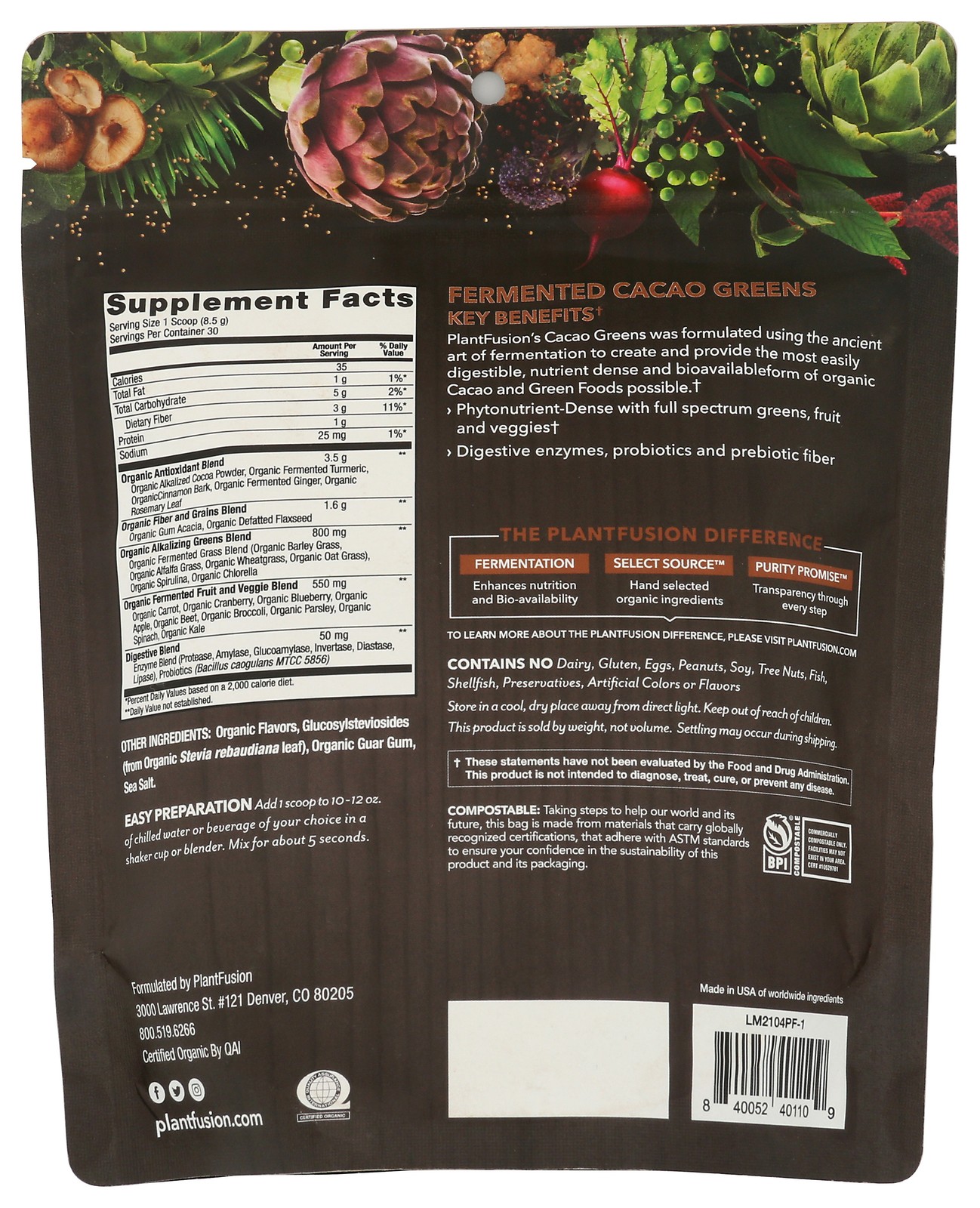 Organic Fermented Cacao Greens Plantfusion Super Food Supplement 1 Pack