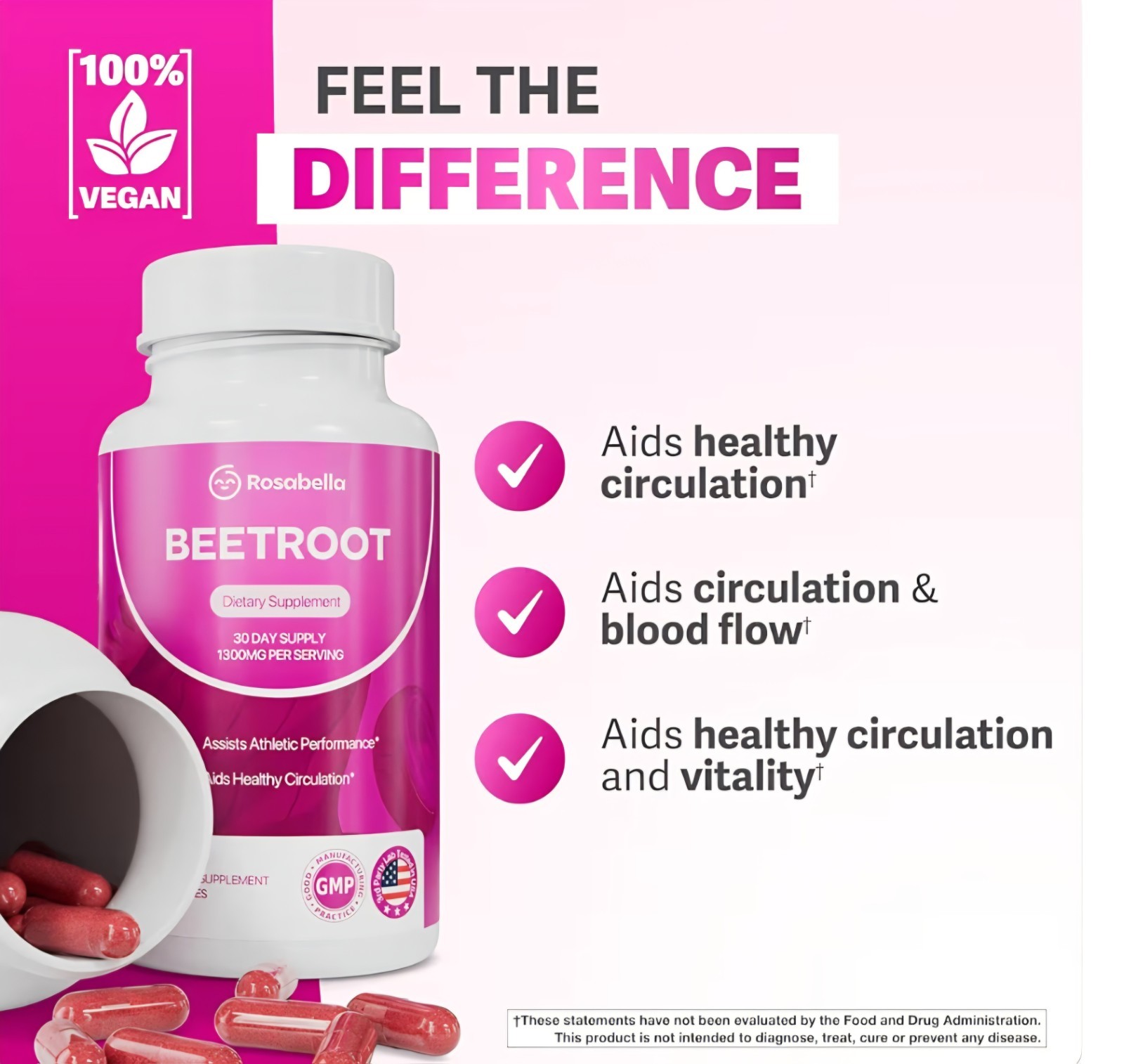 3 Bottles Rosabella Beetroot Capsules – 1300mg – 60 Capsules