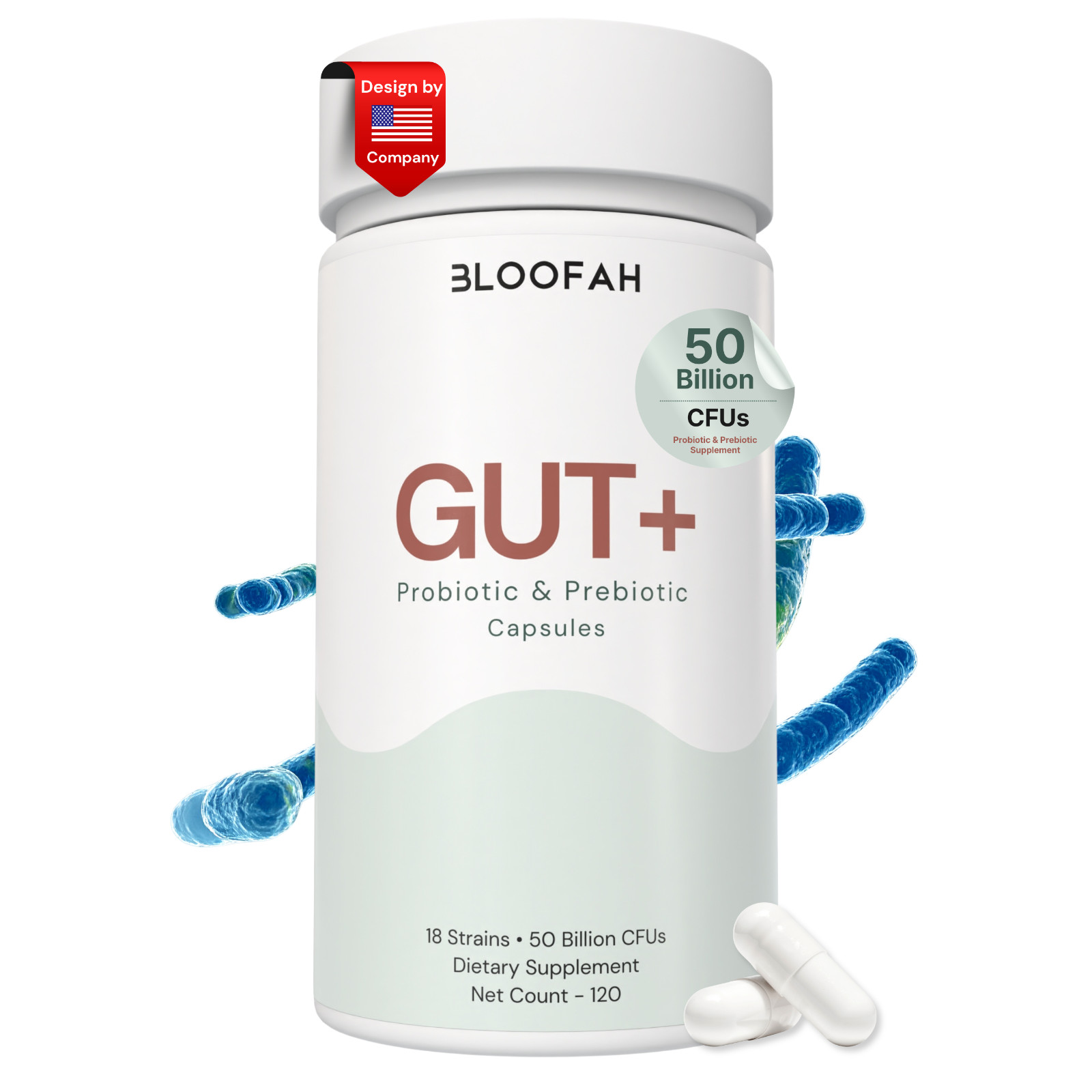Bloofah Gut+ Probiotic 50 Billion CFU | 18 Strains | 120 Capsules | Prebiotic