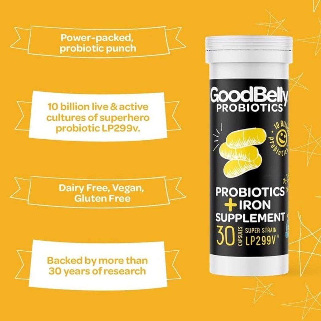 GoodBelly Probiotics + Iron Supplement Vegan Dairy Gluten Sugar Free