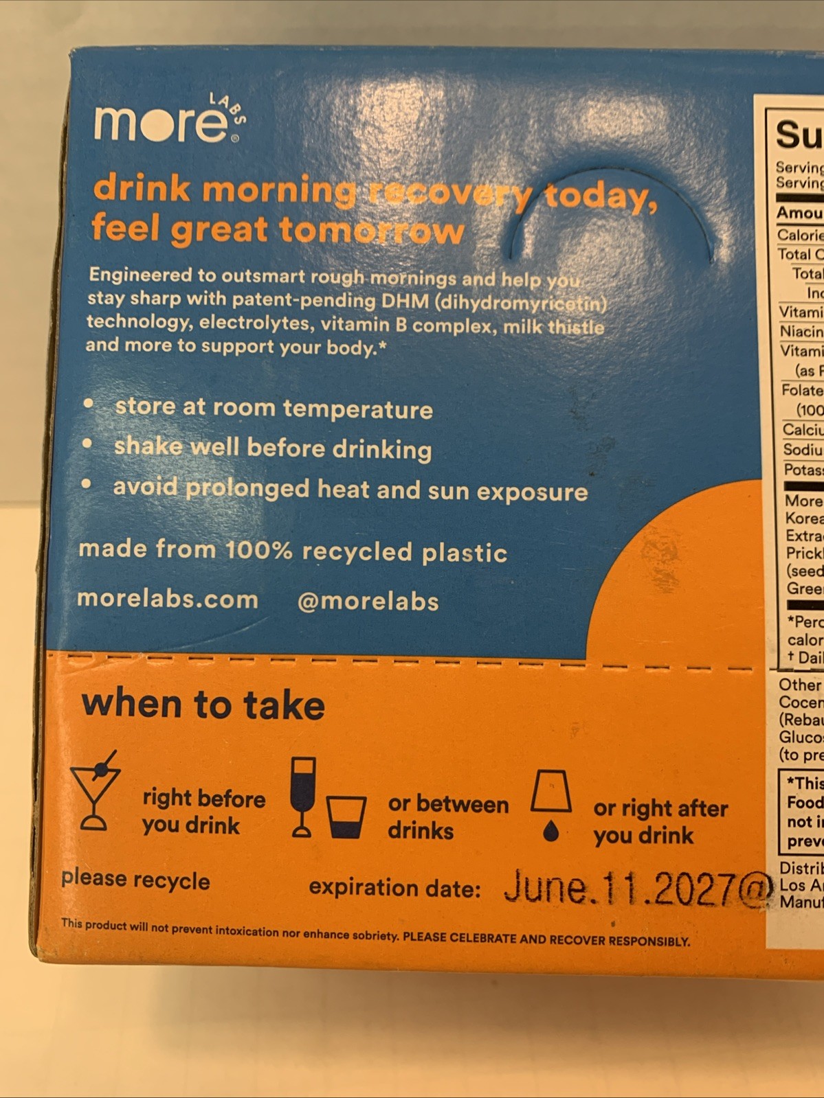 MORE Morning Recovery Hangover Prevention Drink Orange Mango 3.4 OZ 6 pack NIB