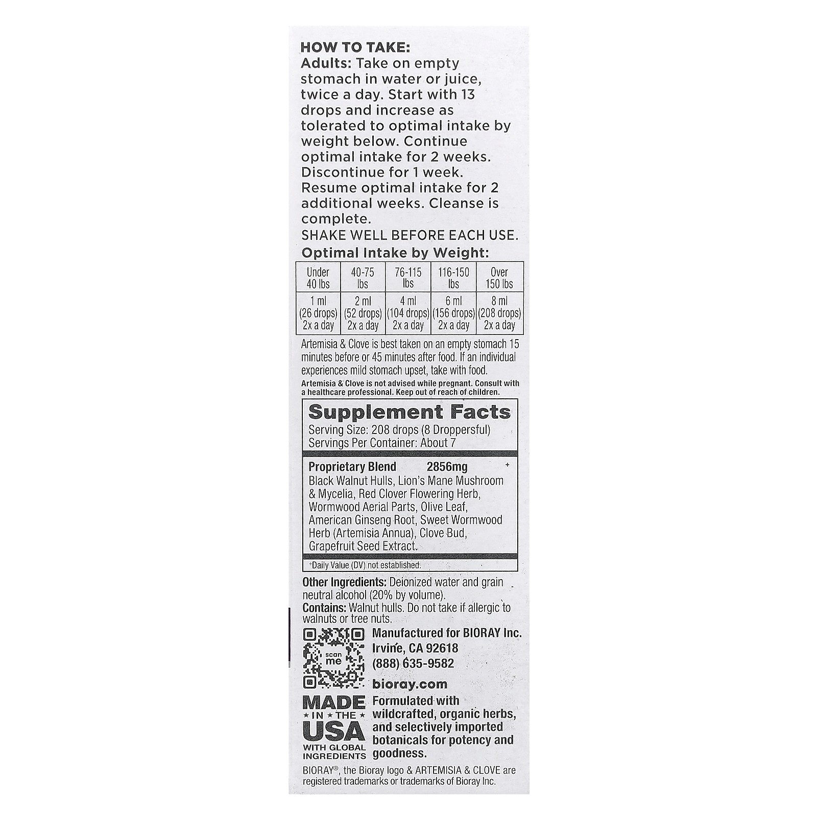 Bioray Inc Artemisia Clove 2 fl oz 59 ml GMP Quality Assured, NSF Certified