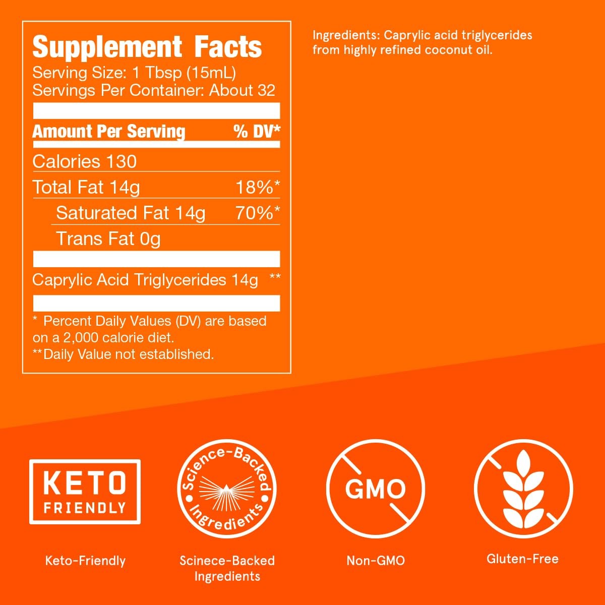 Brain Octane Premium C8 MCT Oil from Non-GMO Coconuts, 14g MCTs, 16 Fl Oz,
