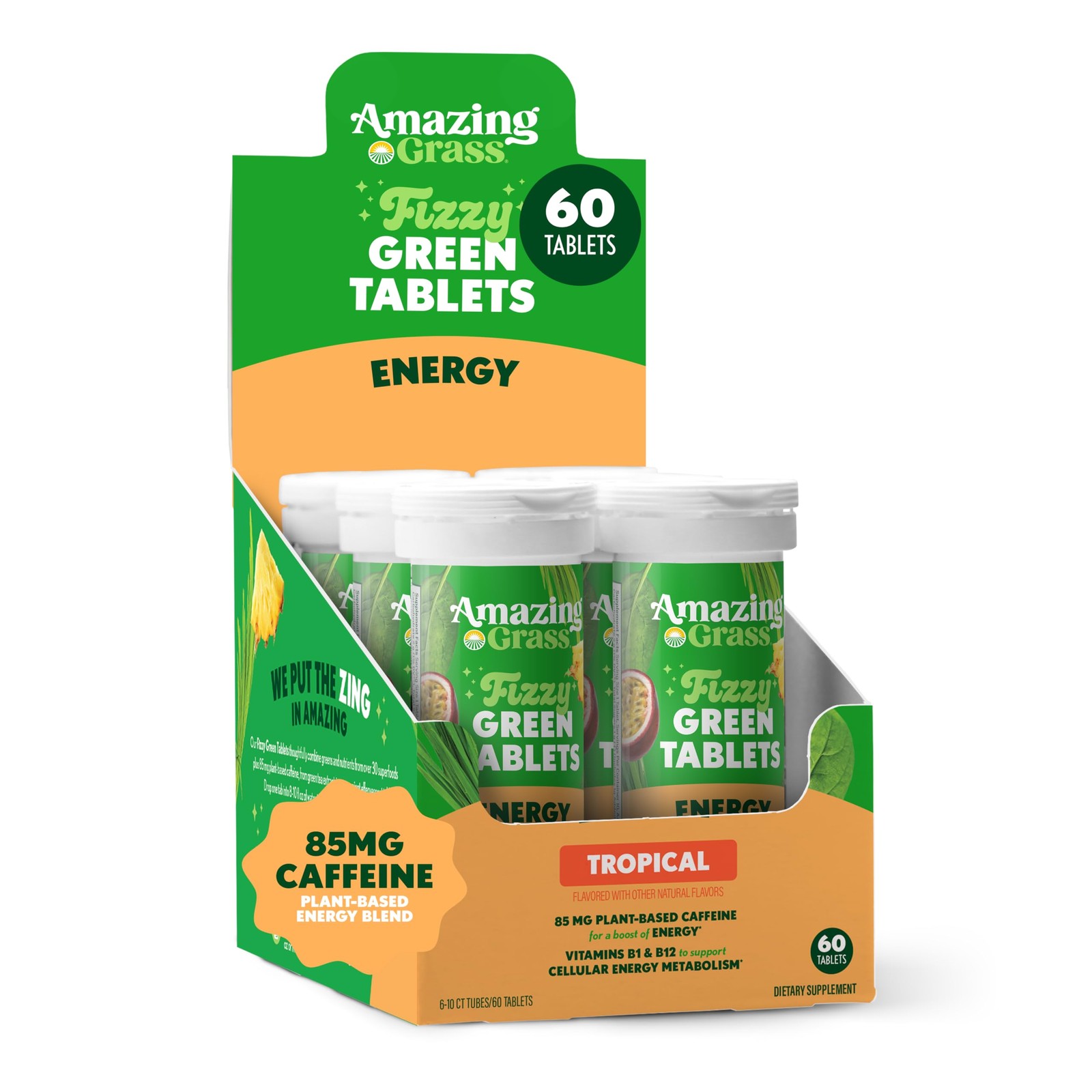 Amazing Grass Fizzy Green Tablets Energy 10 Count (Pack of 6), 60 Servings