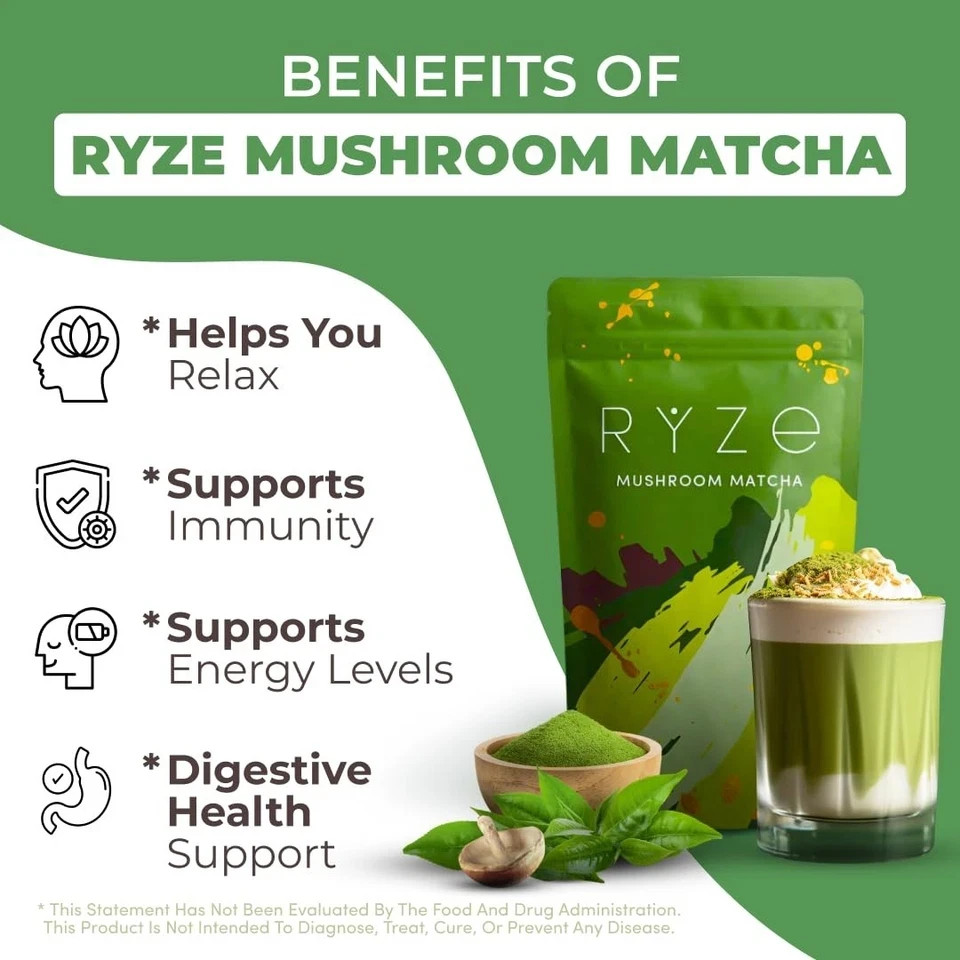 Ryze Organic Mushroom Matcha – 3-Pack, 30 Servings Each